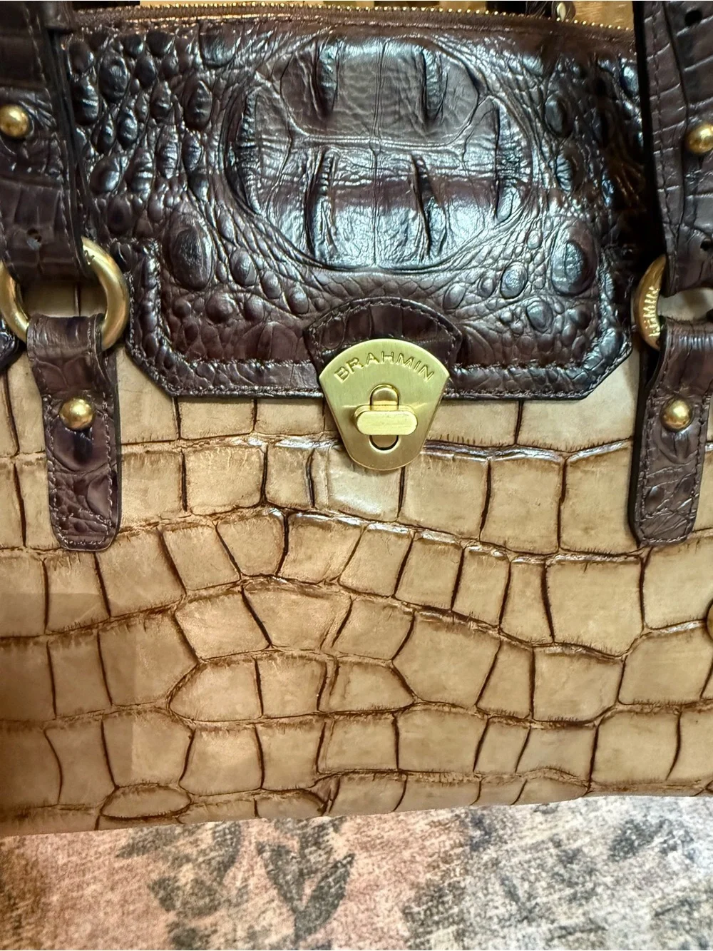 Women's Two-Tone Croc-Embossed Tote Bag in Brown and Tan